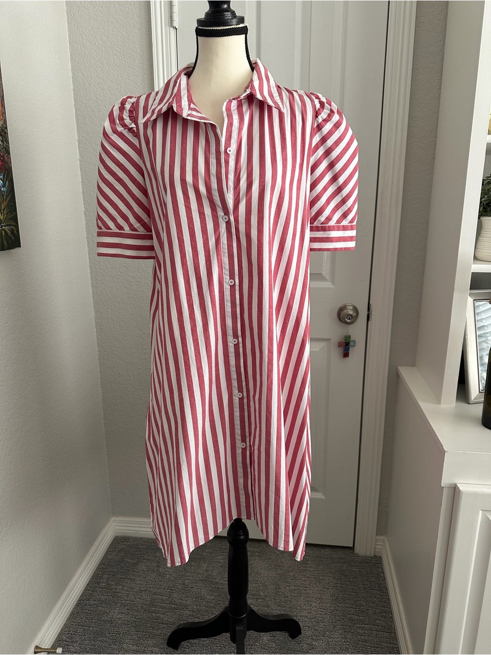 Cezele Red & White Striped Button Down High/Low Dress Size Small
